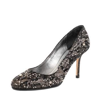 Pre Owned Gina Black Lace and Crystal Embellished Pumps Size 37.5
