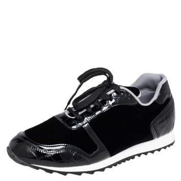 Pre Owned Gina Black Velvet and Croc Embossed Patent Leather Low Top Sneakers Size 40