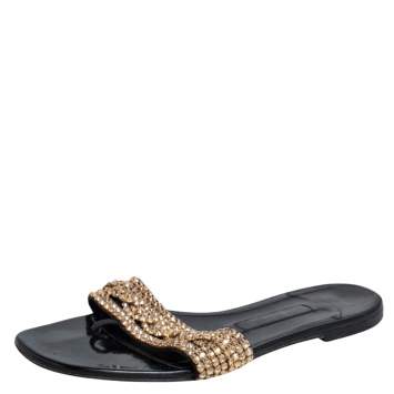 Pre Owned Gina Black Leather Crystal Embellished Thong Flat Slides Size 38.5