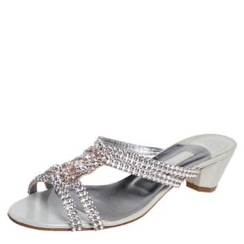 Pre Owned Gina Silver Leather Crystal Embellished Slide Sandals Size 40.5