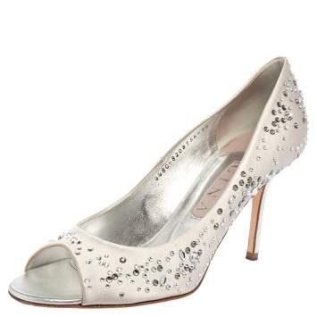 Pre Owned Gina Light Grey Satin Crystal Embellished Dusk Open Toe Pumps Size 40.5