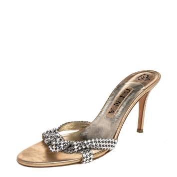 Pre Owned Gina Silver Crystal Embellished Leather Open Toe Slide Sandals Size 39