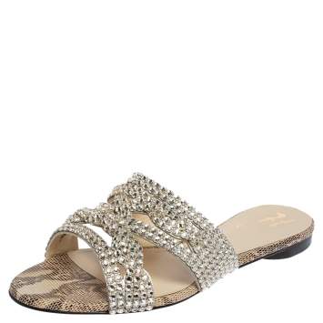 Pre Owned Gina Beige Animal Print Lizard Embossed Leather Munro Flat Slides Size 38.5