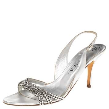 Pre Owned Gina Silver Crystal Embellished Naomi Slingback Sandals Size 41