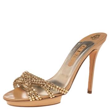 Pre Owned Gina Gold Crystal Embellished Leather Zeta Platform Slide Sandals Size 40.5