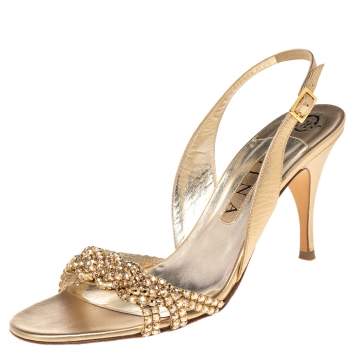 Pre Owned Gina Gold Crystal Embellished Naomi Slingback Sandals Size 40