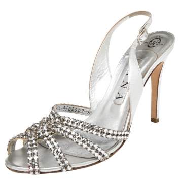 Pre Owned Gina Silver Leather Crystal Embellished Peep Toe Slingback Sandals Size 39