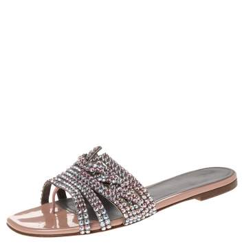 Pre Owned Gina Rose Gold Leather And Crystal  Embellished Dakota Slide Sandals Size 38.5