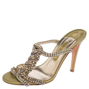 Pre Owned Gina Metallic Green Leather Crystal Embellished T Strap Slide Sandals Size 38.5