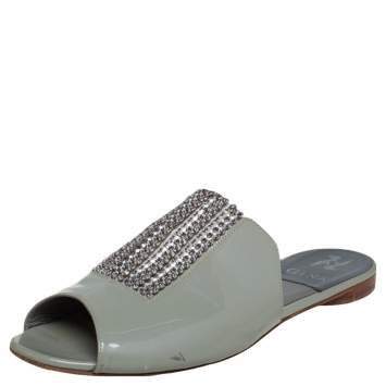 Pre Owned Gina Grey Patent Leather Crystal Embellished Slide Flats Size 40