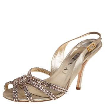 Pre Owned Gina Metallic Gold Leather Crystal Embellished Peep Toe Slingback Sandals Size 38.5