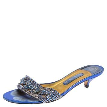 Pre Owned Gina Blue Leather Crystal Embellished Kitten Heel Slides Sandals Size 38.5