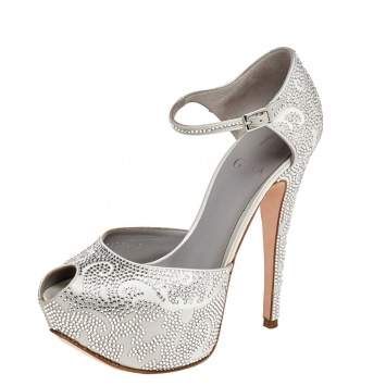 Pre Owned Gina Silver Crystal Embellished Satin Hester Peep Toe Platform Ankle Strap Pumps Size 38