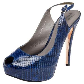 Pre Owned Gina Blue Python Leather Peep Toe Platform Slingback Sandals Size 39