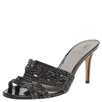 Pre Owned Gina Black Patent Leather Crystal Embellished Slides Sandals Size 38