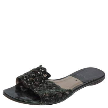 Pre Owned Gina Silver Green Leather Crystal Embellished Flat Slides Size 38 