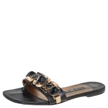 Pre Owned Gina Black Leather Crystal Embellished Flat Slides Size 38