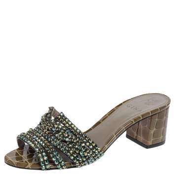 Pre Owned Gina Rose Olive Green Croc Embossed Patent Crystal Embellished Loren Slide Sandals Size 38