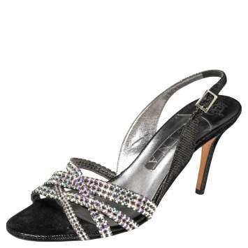 Pre Owned Gina Black/Silver Textured Suede Cross Crystal Embellished Slingback Sandals Size 39