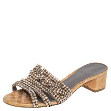 Pre Owned Gina Rose Gold Croc Embossed Leather Crystal Embellished Loren Slide Sandals Size 38