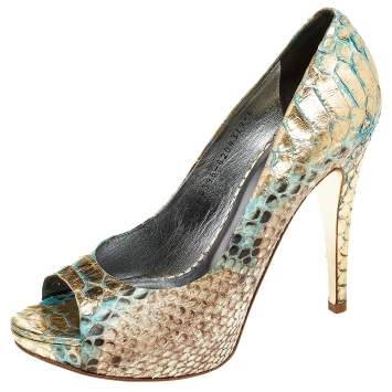 Pre Owned Gina Multicolor Python Leather Peep Toe Platform Pumps Size 39