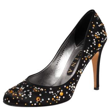 Pre Owned Gina Black Crystal Embellished Satin Round Toe Pumps Size 39