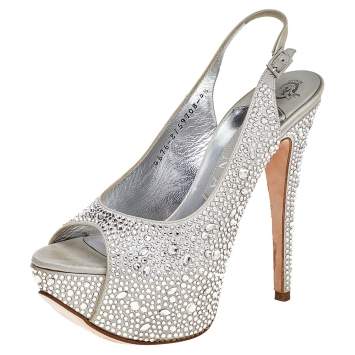 Pre Owned Gina Grey Crystal Embellishment Satin Open Toe Sling Back Sandals Size 37.5