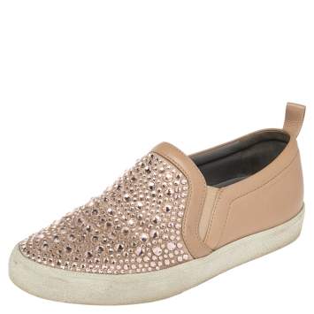 Pre Owned Gina Dusty Pink Leather and Suede Gioia Crystals Slip On Sneakers Size 36