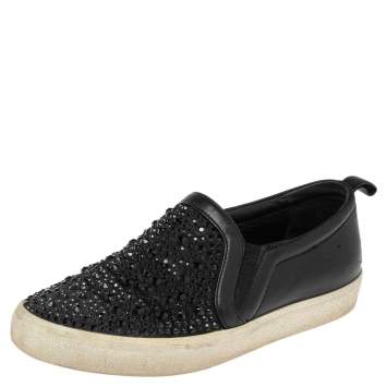 Pre Owned Gina Black Leather and Suede Gioia Crystals Slip On Sneakers Size 36