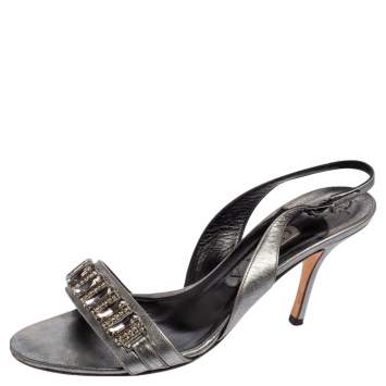 Pre Owned Gina Metallic Bronze Leather Crystal Embellished Naomi Slingback Sandals Size 40