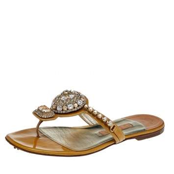 Pre Owned Gina Beige Patent Leather Crystal Embellished Flat Sandals Size 38  