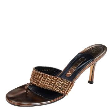 Pre Owned Gina Metallic Bronze Leather Crystal Embellished Thong Slide Sandals Size 38