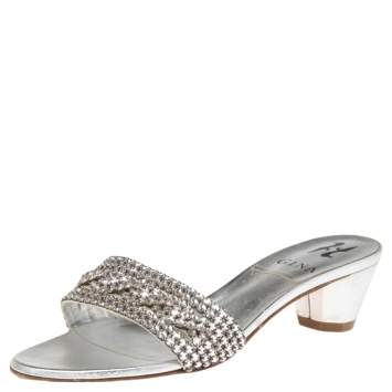 Pre Owned Gina Silver Leather Crystal Embellished Rodeo Block Heel Slides Size 38