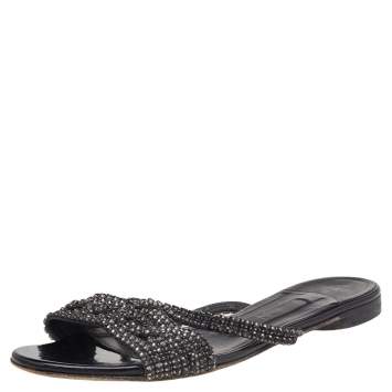 Pre Owned Gina Black Crystal Embellished Leather Flat Slides Size 37.5