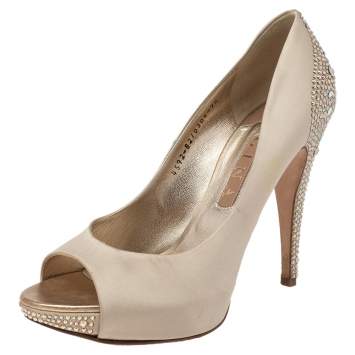 Pre Owned Gina Beige Satin Crystal Embellished Heel Peep Toe Platform Pumps Size 40.5