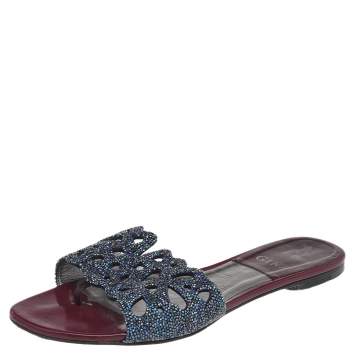 Pre Owned Gina Burgundy Patent Leather Crystal Embellished Flat Slides Size 39