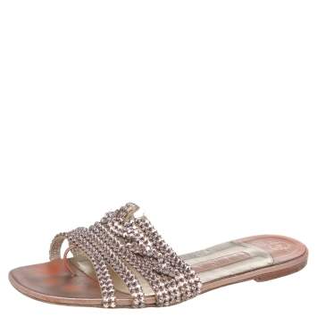 Pre Owned Gina Metallic Rose Gold Crystal Embellished Leather Thong Flat Slides Size 38.5