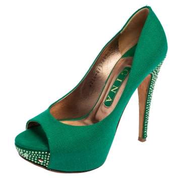 Pre Owned Gina Green Canvas Crystal Embellished Heel Peep Toe Platform Pumps Size 37.5