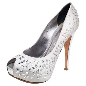 Pre Owned Gina Grey Satin Crystal Embellished Peep Toe Platform Pumps Size 37.5