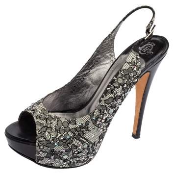 Pre Owned Gina Black Lace Crystal Embellished Peep Toe Slingback Platform Pumps Size 37.5