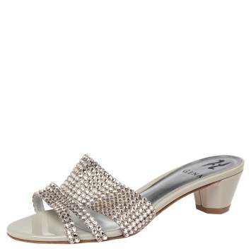 Pre Owned Gina Metallic Grey Leather Embellished Slide Sandals Size 38.5