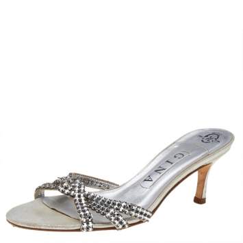 Pre Owned Gina Metallic Silver Leather Crystal Embellished Slide Sandals Size 37