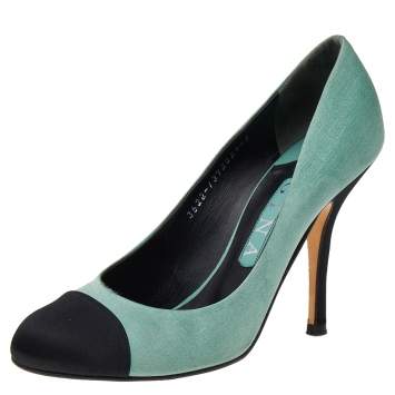 Pre Owned Gina Green/Black Satin Cap Toe Pumps Size 38