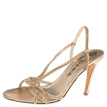 Pre Owned Gina Gold Crystal Embellished Leather Strappy Slingback Sandals Size 41