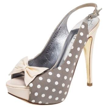 Pre Owned Gina Grey/Cream Polka Canvas And Patent Leather Bow Open Toe Sandals Size 37.5