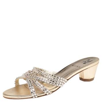Pre Owned Gina Gold Leather Crystal Embellished Block Heel Slides Size 37
