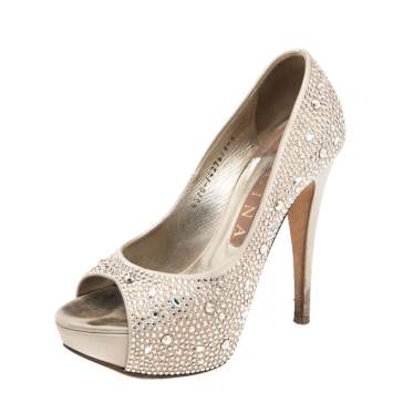 Pre Owned Gina Light Gold Satin Crystal Embellished Peep Toe Platform Pumps Size 38