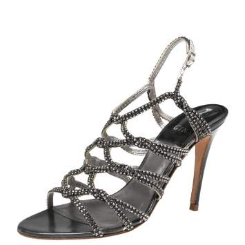 Pre Owned Gina Silver Leather Crystal Embellished Strappy Sandals Size 40