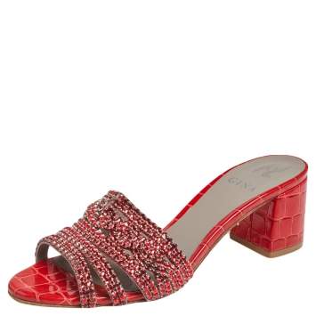 Pre Owned Gina Red  Croc Embossed Patent Leather Rodeo Crystal Embellished Block Heel Slides Size 38
