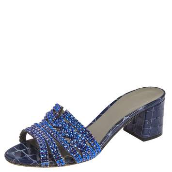 Pre Owned Gina Blue Crystal Embellished Croc Embossed Patent Leather Rodeo Block Heel Slides Size 38